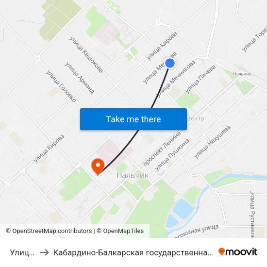 Улица Мечиева to Кабардино-Балкарская государственная сельскохозяйственная академия имени В.М. Кокова. map