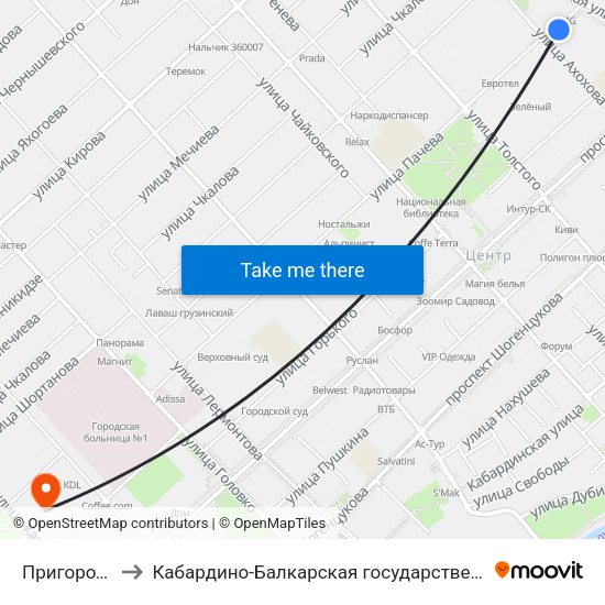 Пригородный Автовокзал to Кабардино-Балкарская государственная сельскохозяйственная академия имени В.М. Кокова. map