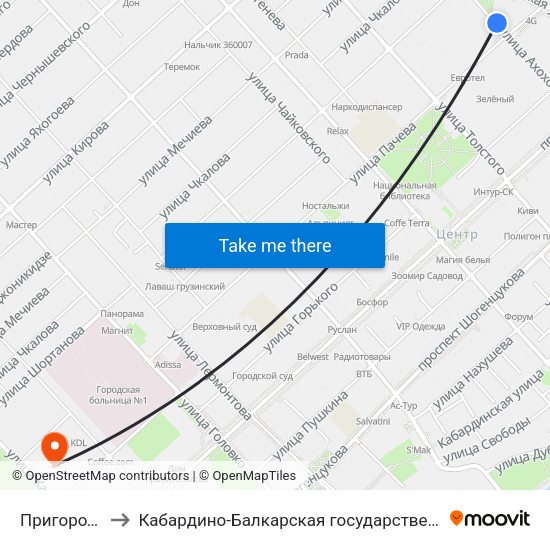 Пригородный Автовокзал to Кабардино-Балкарская государственная сельскохозяйственная академия имени В.М. Кокова. map
