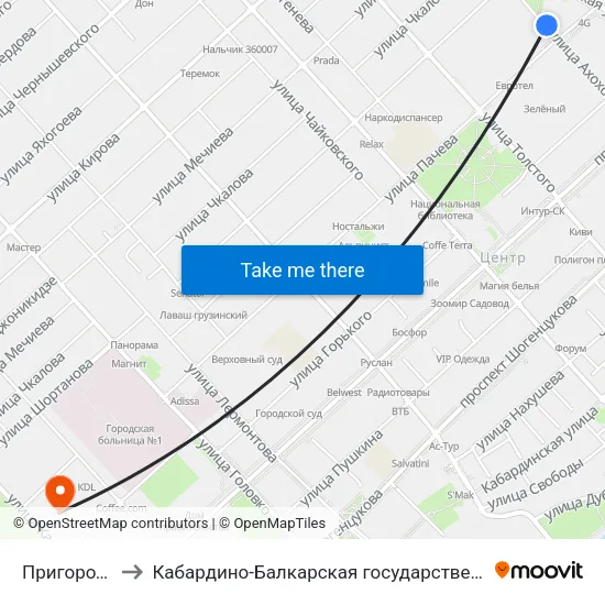 Пригородный Автовокзал to Кабардино-Балкарская государственная сельскохозяйственная академия имени В.М. Кокова. map