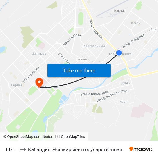 Школа №21 to Кабардино-Балкарская государственная сельскохозяйственная академия имени В.М. Кокова. map