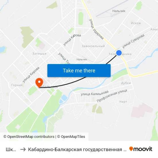 Школа №21 to Кабардино-Балкарская государственная сельскохозяйственная академия имени В.М. Кокова. map