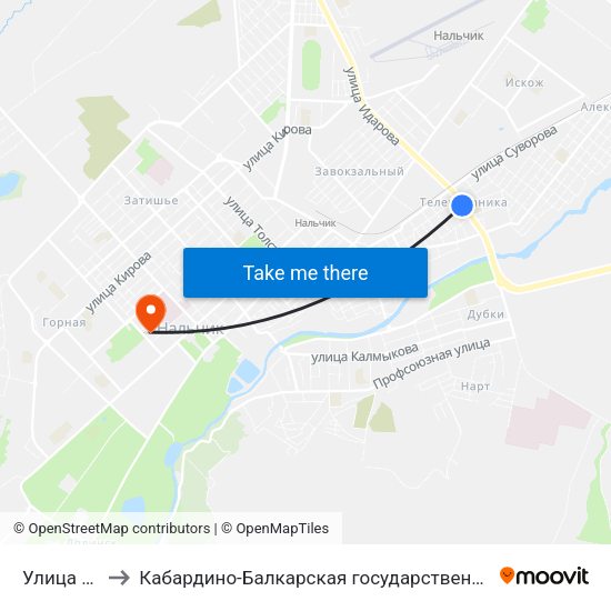 Улица Клары Цеткин to Кабардино-Балкарская государственная сельскохозяйственная академия имени В.М. Кокова. map