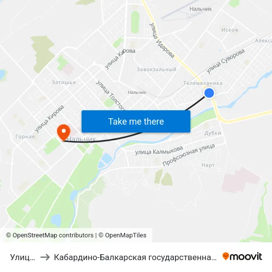 Улица Павлова to Кабардино-Балкарская государственная сельскохозяйственная академия имени В.М. Кокова. map