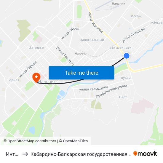 Интернат №3 to Кабардино-Балкарская государственная сельскохозяйственная академия имени В.М. Кокова. map