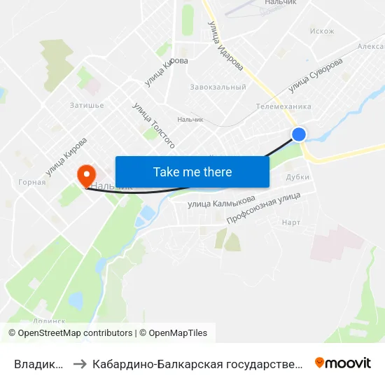 Владикавказский Мост to Кабардино-Балкарская государственная сельскохозяйственная академия имени В.М. Кокова. map