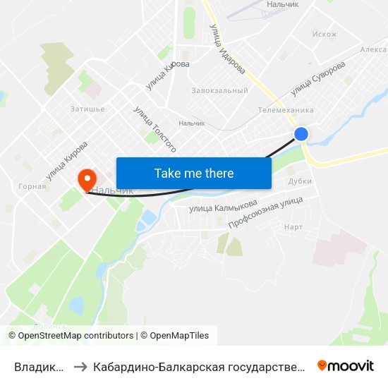 Владикавказский Мост to Кабардино-Балкарская государственная сельскохозяйственная академия имени В.М. Кокова. map