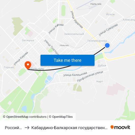 Российский Переулок to Кабардино-Балкарская государственная сельскохозяйственная академия имени В.М. Кокова. map