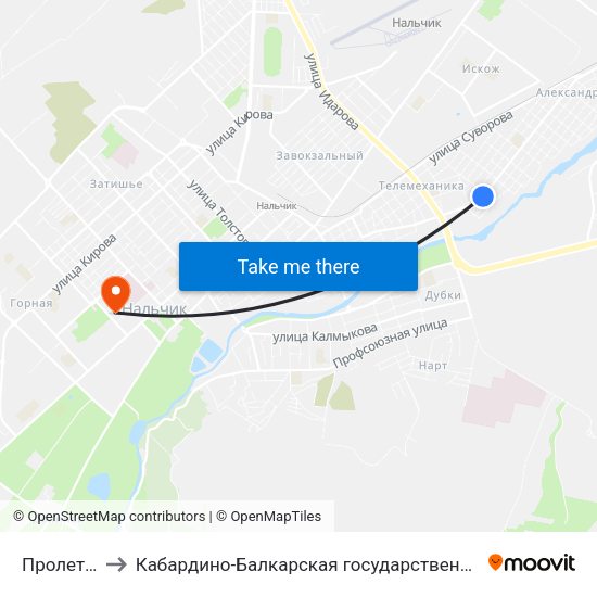 Пролетарская Улица to Кабардино-Балкарская государственная сельскохозяйственная академия имени В.М. Кокова. map