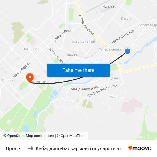 Пролетарская Улица to Кабардино-Балкарская государственная сельскохозяйственная академия имени В.М. Кокова. map