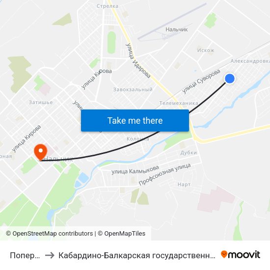 Поперечная Улица to Кабардино-Балкарская государственная сельскохозяйственная академия имени В.М. Кокова. map