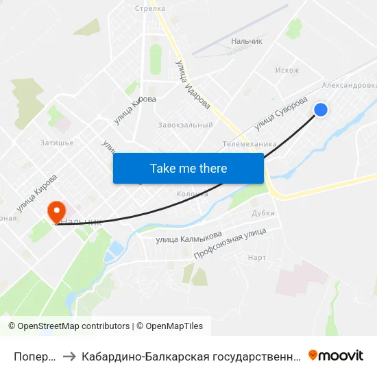 Поперечная Улица to Кабардино-Балкарская государственная сельскохозяйственная академия имени В.М. Кокова. map
