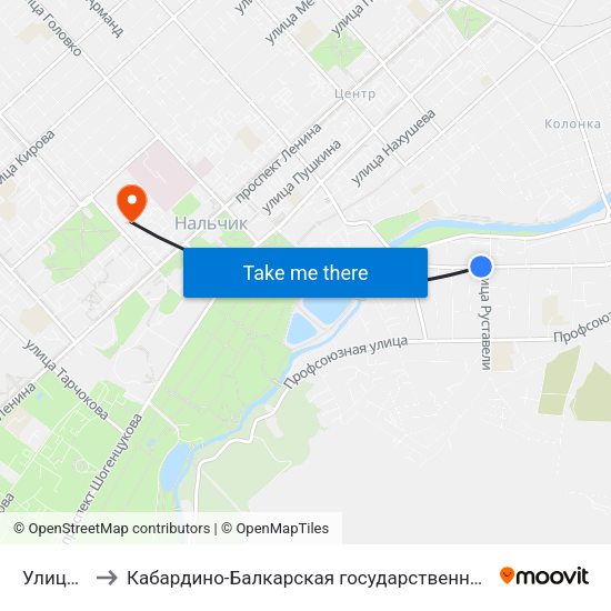 Улица Руставели to Кабардино-Балкарская государственная сельскохозяйственная академия имени В.М. Кокова. map