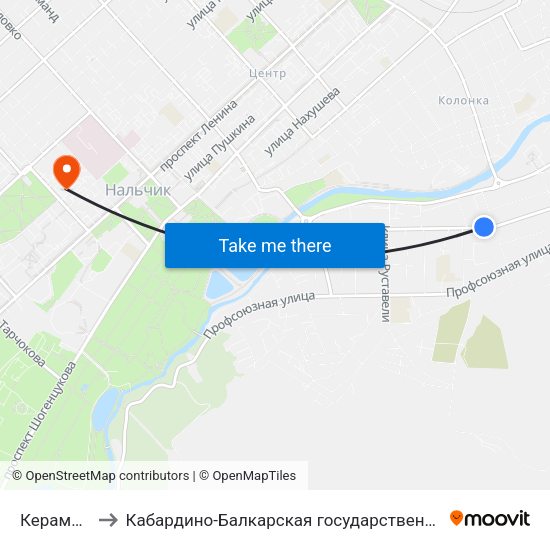 Керамическая Улица to Кабардино-Балкарская государственная сельскохозяйственная академия имени В.М. Кокова. map