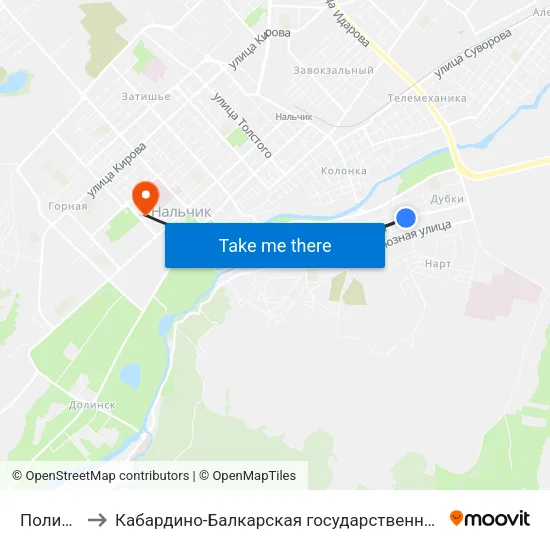 Поликлиника №1 to Кабардино-Балкарская государственная сельскохозяйственная академия имени В.М. Кокова. map