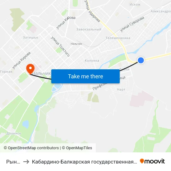 Рынок Дубки to Кабардино-Балкарская государственная сельскохозяйственная академия имени В.М. Кокова. map