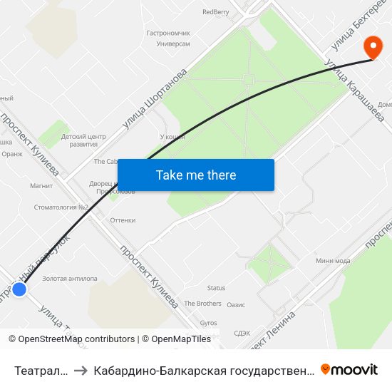 Театральный Переулок to Кабардино-Балкарская государственная сельскохозяйственная академия имени В.М. Кокова. map