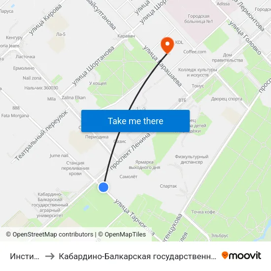 Институт Искусств to Кабардино-Балкарская государственная сельскохозяйственная академия имени В.М. Кокова. map