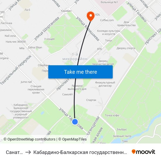 Санаторий Терек to Кабардино-Балкарская государственная сельскохозяйственная академия имени В.М. Кокова. map
