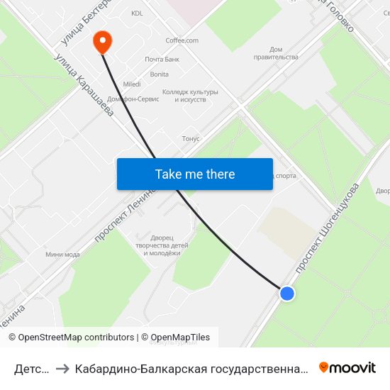 Детские Сады to Кабардино-Балкарская государственная сельскохозяйственная академия имени В.М. Кокова. map