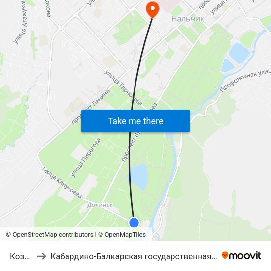 Козий Рынок to Кабардино-Балкарская государственная сельскохозяйственная академия имени В.М. Кокова. map