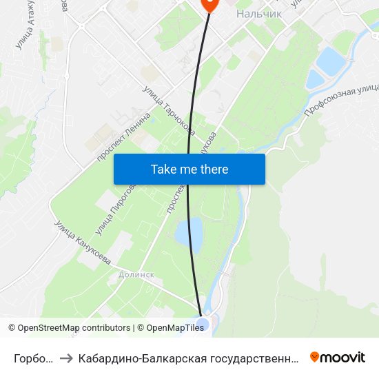 Горбольница №2 to Кабардино-Балкарская государственная сельскохозяйственная академия имени В.М. Кокова. map