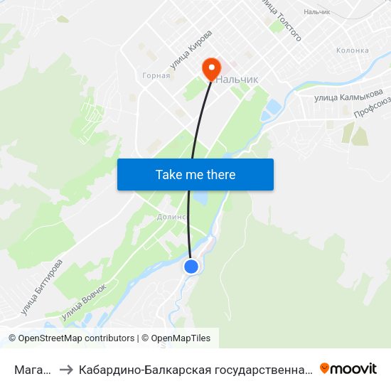 Магазин Радуга to Кабардино-Балкарская государственная сельскохозяйственная академия имени В.М. Кокова. map