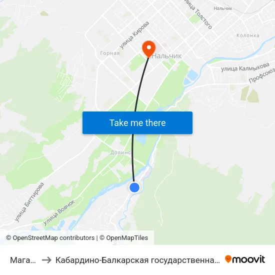 Магазин Радуга to Кабардино-Балкарская государственная сельскохозяйственная академия имени В.М. Кокова. map