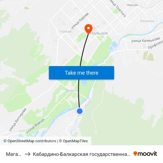 Магазин Радуга to Кабардино-Балкарская государственная сельскохозяйственная академия имени В.М. Кокова. map