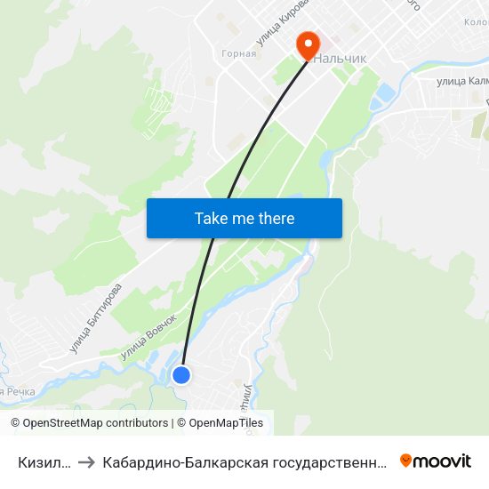 Кизиловая Улица to Кабардино-Балкарская государственная сельскохозяйственная академия имени В.М. Кокова. map