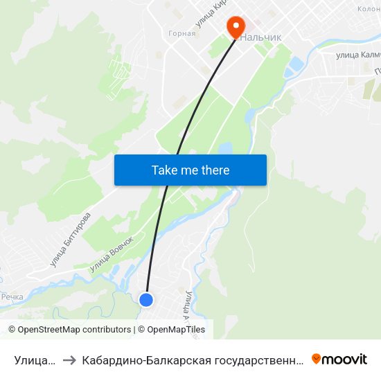 Улица Калабекова to Кабардино-Балкарская государственная сельскохозяйственная академия имени В.М. Кокова. map