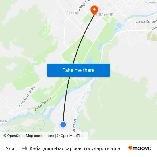 Улица Титова to Кабардино-Балкарская государственная сельскохозяйственная академия имени В.М. Кокова. map
