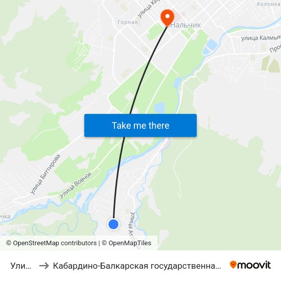 Улица Титова to Кабардино-Балкарская государственная сельскохозяйственная академия имени В.М. Кокова. map