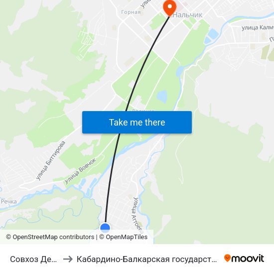 Совхоз Декоративные Культуры to Кабардино-Балкарская государственная сельскохозяйственная академия имени В.М. Кокова. map