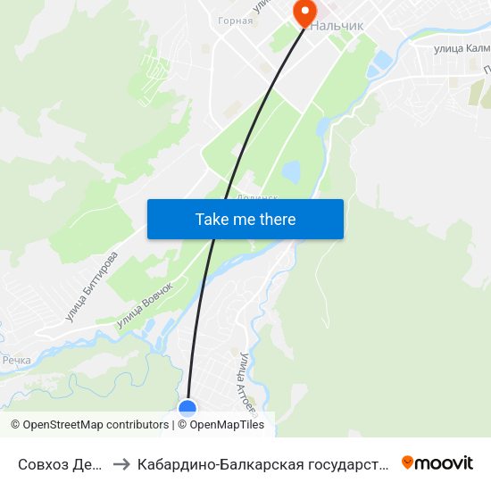 Совхоз Декоративные Культуры to Кабардино-Балкарская государственная сельскохозяйственная академия имени В.М. Кокова. map