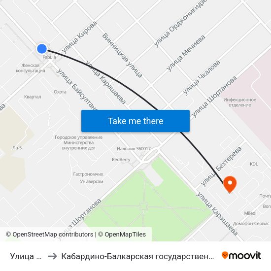Улица Байсултанова to Кабардино-Балкарская государственная сельскохозяйственная академия имени В.М. Кокова. map