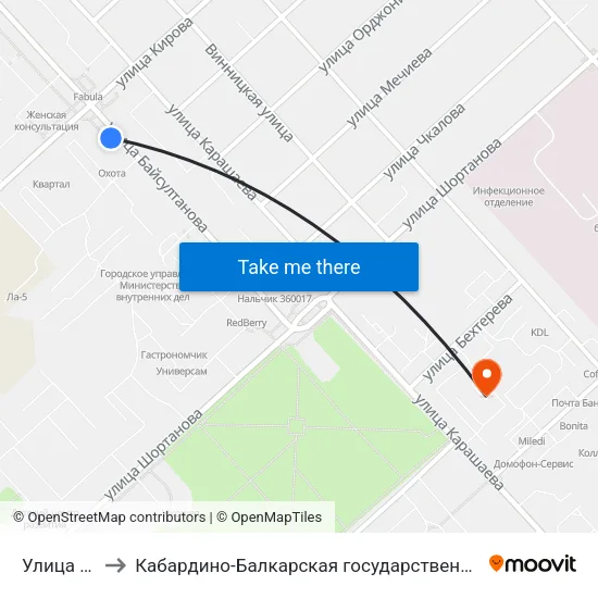 Улица Байсултанова to Кабардино-Балкарская государственная сельскохозяйственная академия имени В.М. Кокова. map