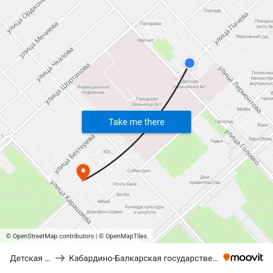 Детская Поликлиника №1 to Кабардино-Балкарская государственная сельскохозяйственная академия имени В.М. Кокова. map