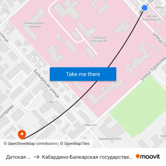 Детская Поликлиника №1 to Кабардино-Балкарская государственная сельскохозяйственная академия имени В.М. Кокова. map