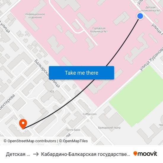 Детская Поликлиника №1 to Кабардино-Балкарская государственная сельскохозяйственная академия имени В.М. Кокова. map