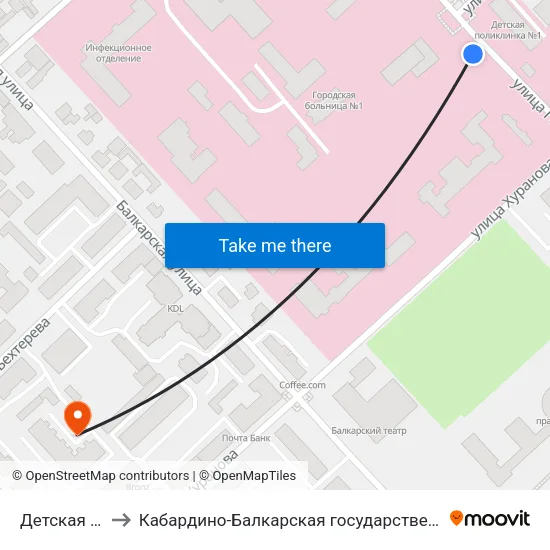 Детская Поликлиника №1 to Кабардино-Балкарская государственная сельскохозяйственная академия имени В.М. Кокова. map