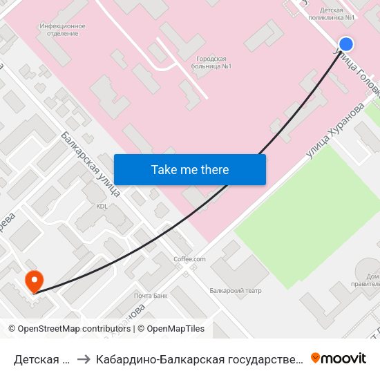 Детская Поликлиника №1 to Кабардино-Балкарская государственная сельскохозяйственная академия имени В.М. Кокова. map