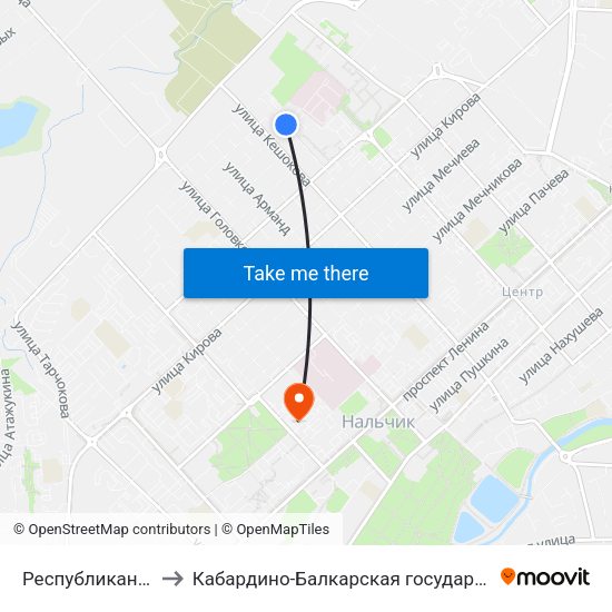 Республиканская Клиническая Больница to Кабардино-Балкарская государственная сельскохозяйственная академия имени В.М. Кокова. map