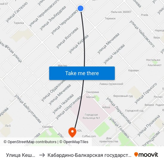 Улица Кешокова / Чернышевского to Кабардино-Балкарская государственная сельскохозяйственная академия имени В.М. Кокова. map