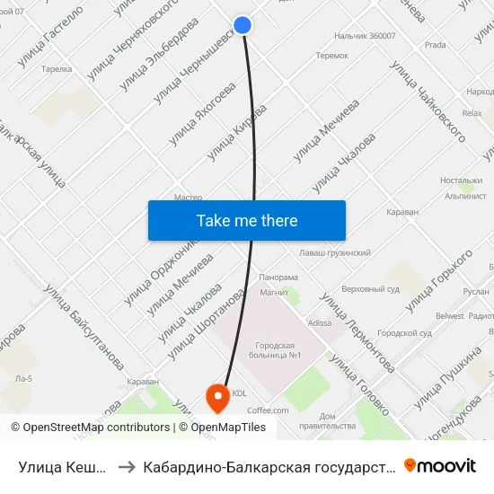 Улица Кешокова / Чернышевского to Кабардино-Балкарская государственная сельскохозяйственная академия имени В.М. Кокова. map