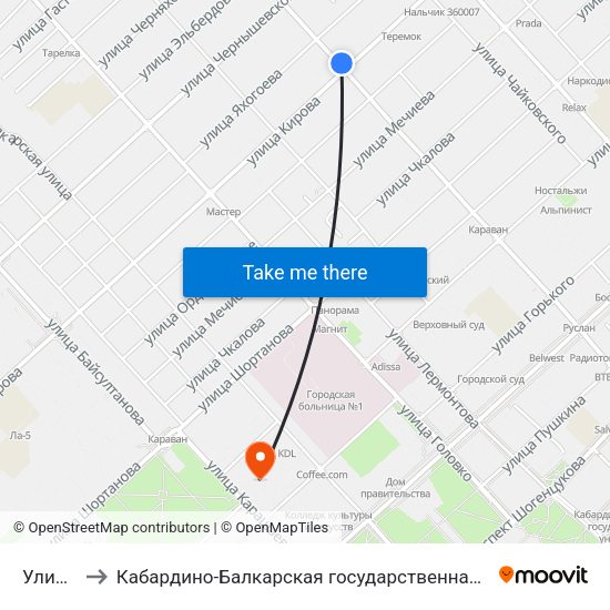 Улица Кирова to Кабардино-Балкарская государственная сельскохозяйственная академия имени В.М. Кокова. map