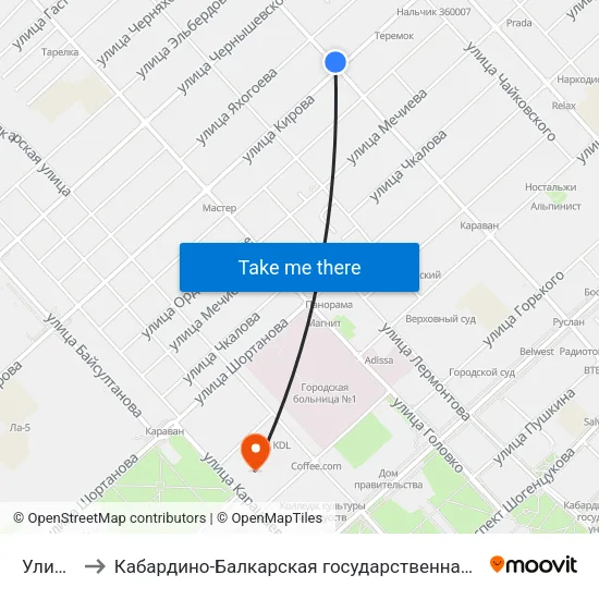 Улица Кирова to Кабардино-Балкарская государственная сельскохозяйственная академия имени В.М. Кокова. map