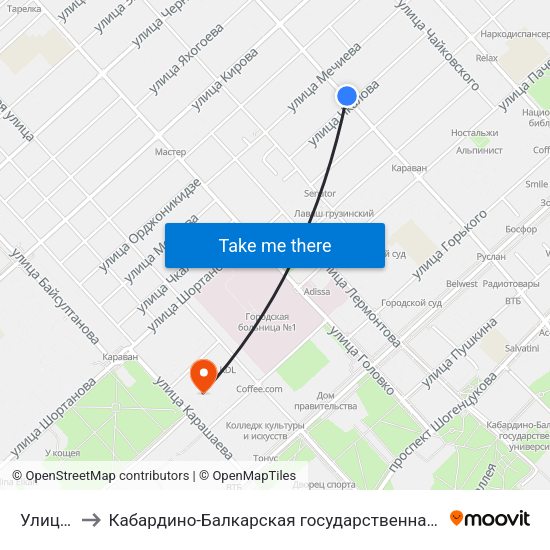 Улица Чкалова to Кабардино-Балкарская государственная сельскохозяйственная академия имени В.М. Кокова. map