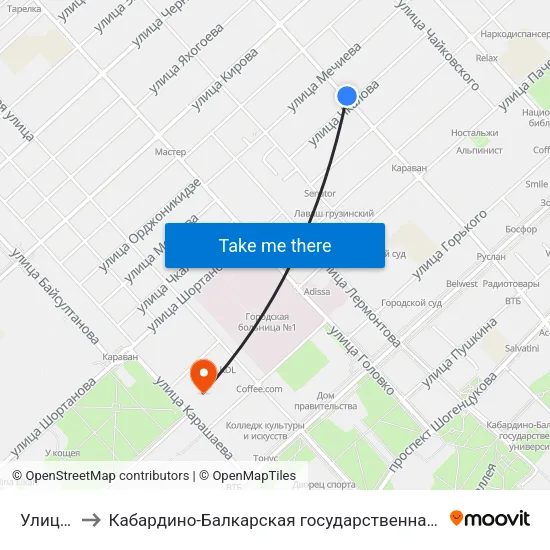 Улица Чкалова to Кабардино-Балкарская государственная сельскохозяйственная академия имени В.М. Кокова. map