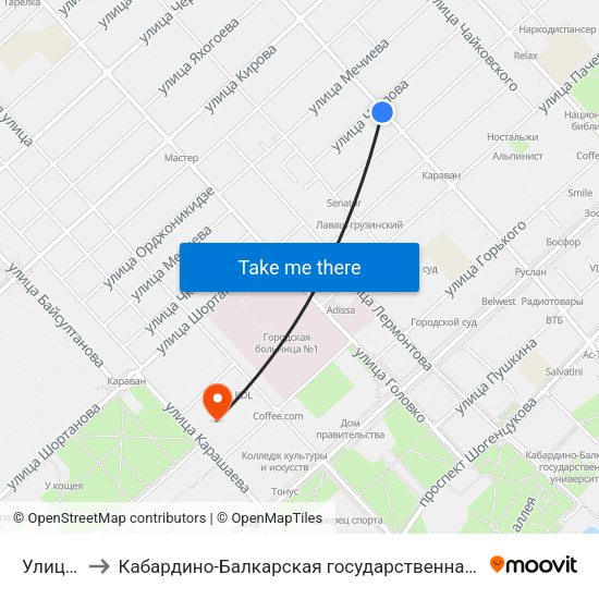 Улица Чкалова to Кабардино-Балкарская государственная сельскохозяйственная академия имени В.М. Кокова. map